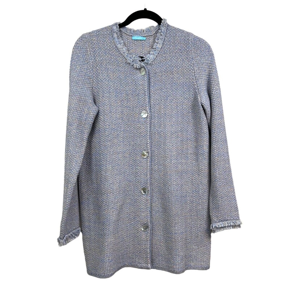 J McLaughlin Tweed Blazer Jacket Fringe Collar Trim Button Blue Gray Women S*